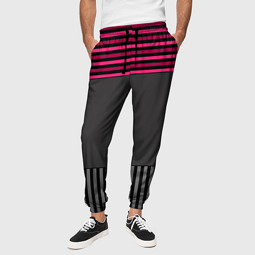 Мужские брюки Комбинированный серый с красным полосатый узор / 3D-принт – фото 3