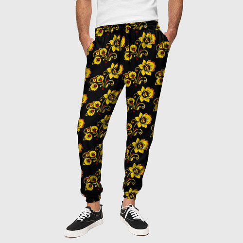 Мужские брюки Хохломская роспись цветы на чёрном фоне / 3D-принт – фото 3