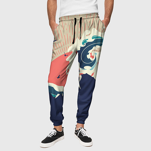 Мужские брюки Большая океанская волна и силуэт пустынного остров / 3D-принт – фото 3