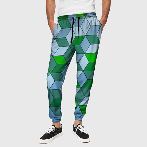 Мужские брюки Зелёные и серые абстрактные кубы с оптической иллю / 3D-принт – фото 3