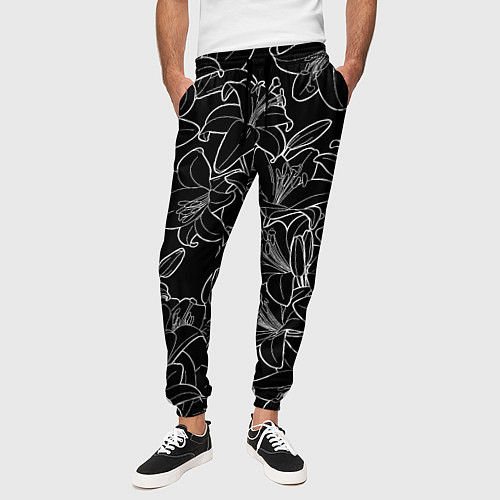Мужские брюки Нежные цветы - лилии: черно белыи / 3D-принт – фото 3