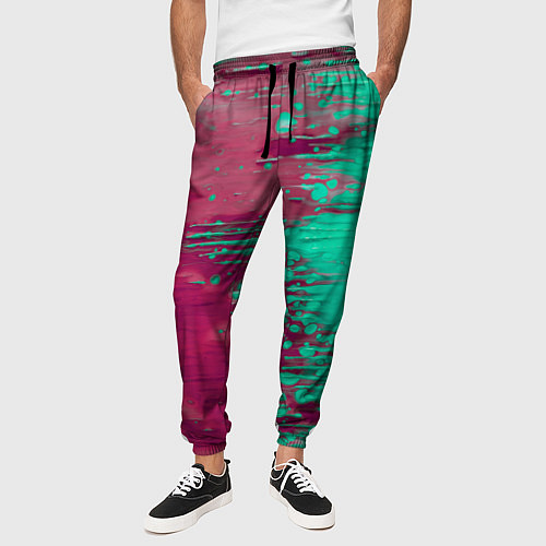 Мужские брюки Светло-розовые и зелёные краски растекаются / 3D-принт – фото 3