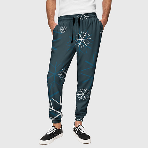 Мужские брюки Белые снежинки на синем фоне / 3D-принт – фото 3