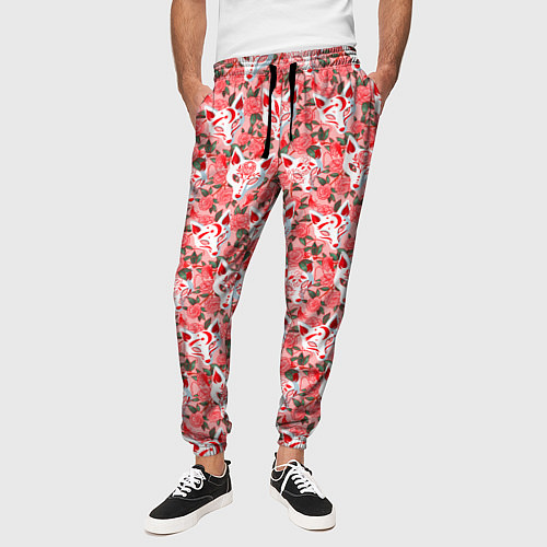 Мужские брюки Маски лисиц кицунэ и цветущая камелия / 3D-принт – фото 3