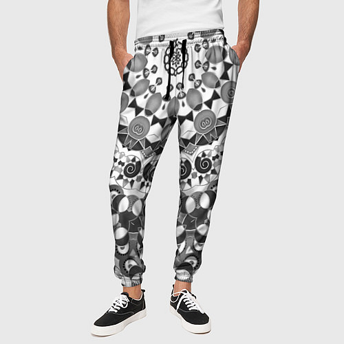 Мужские брюки Черно-белый этнический узор / 3D-принт – фото 3