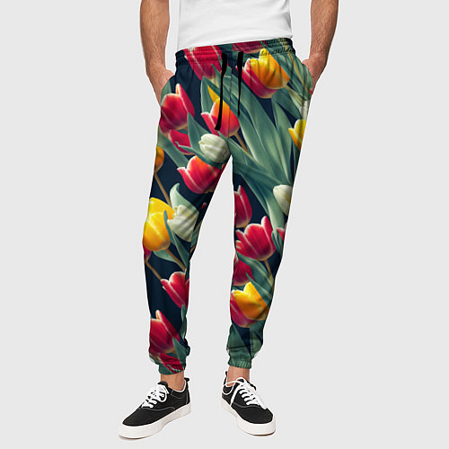 Мужские брюки Много тюльпанов / 3D-принт – фото 3