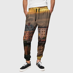 Брюки на резинке мужские Мирный город на воде и тучи, цвет: 3D-принт — фото 2