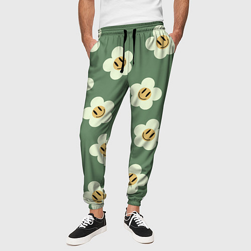 Мужские брюки Цветочки-смайлики: темно-зеленый паттерн / 3D-принт – фото 3