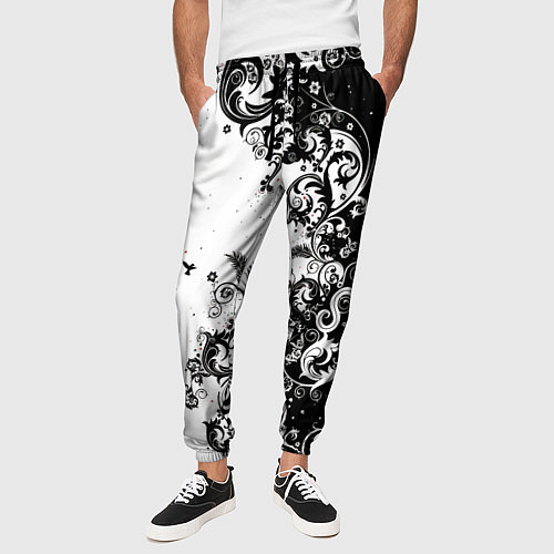 Мужские брюки Черно-белая птица среди узорчатых цветов / 3D-принт – фото 3