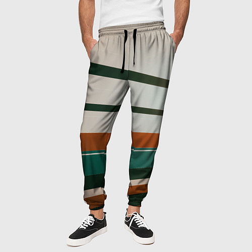 Мужские брюки Абстрактные зелёные и оранжевые линии / 3D-принт – фото 3