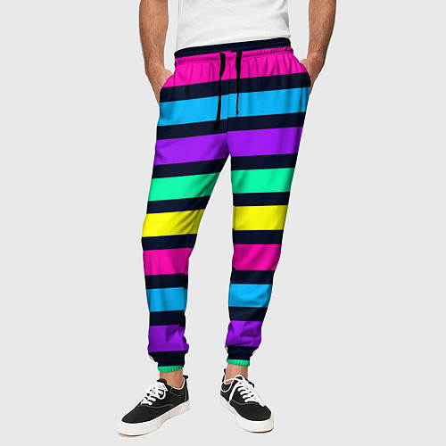 Мужские брюки Неоновые полосы на черном фоне / 3D-принт – фото 3