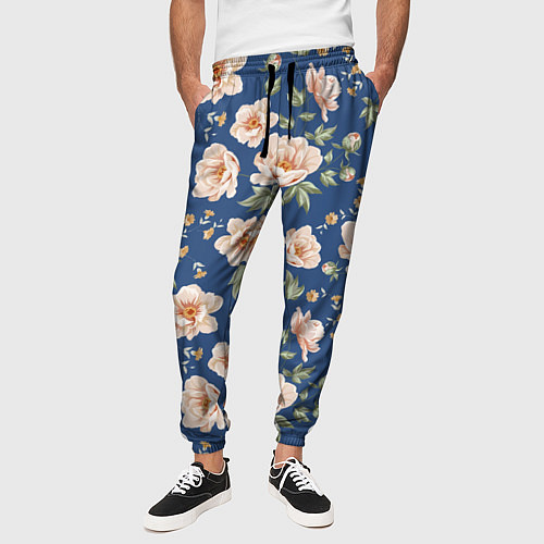 Мужские брюки Розовые пионы на синем фоне / 3D-принт – фото 3