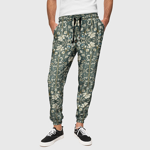 Мужские брюки Белые цветочки на сером фоне / 3D-принт – фото 3
