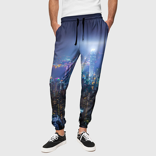 Мужские брюки Большой город в розово-голубых огнях / 3D-принт – фото 3