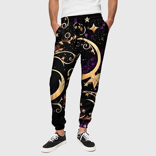 Мужские брюки Чёрный паттерн со звёздами и лунами / 3D-принт – фото 3
