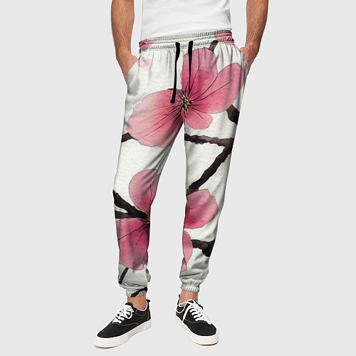 Мужские брюки Цветы и ветви японской сакуры - текстура холста / 3D-принт – фото 3