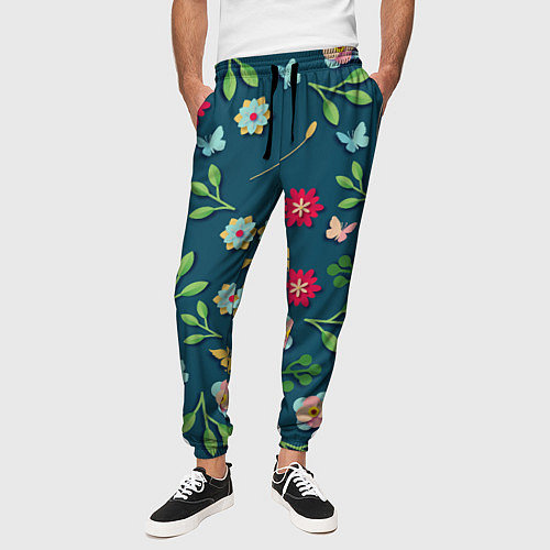 Мужские брюки Цветы и разноцветные бабочки / 3D-принт – фото 3