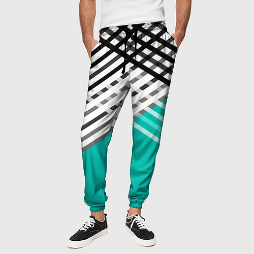 Мужские брюки Черно-белые переплетенные полосы на бирюзовом фоне / 3D-принт – фото 3