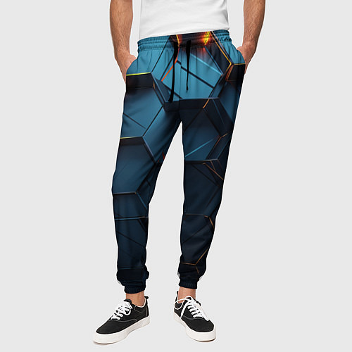 Мужские брюки Синие объемные плиты с оранжевыми вставками / 3D-принт – фото 3