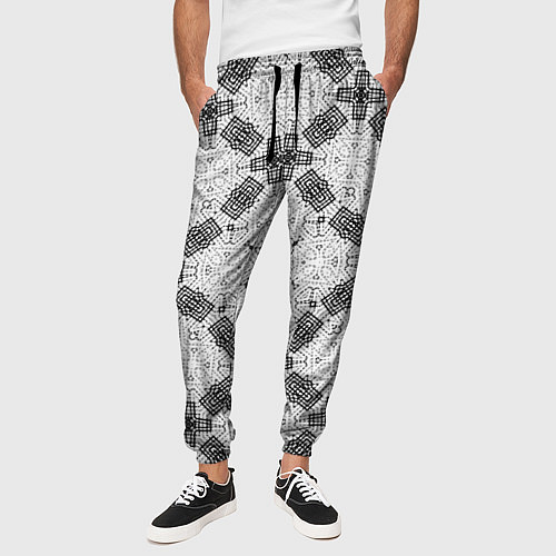 Мужские брюки Черно-белый ажурный кружевной узор Геометрия / 3D-принт – фото 3