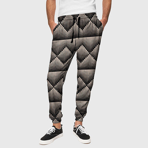 Мужские брюки Объемные бежевые ромбы на черном / 3D-принт – фото 3