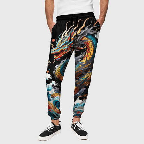 Мужские брюки Дракон на волнах в японском стиле арт / 3D-принт – фото 3