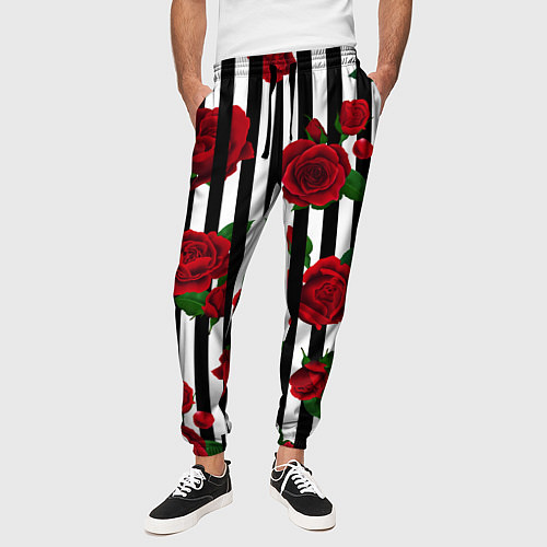 Мужские брюки Полосы и красные розы / 3D-принт – фото 3