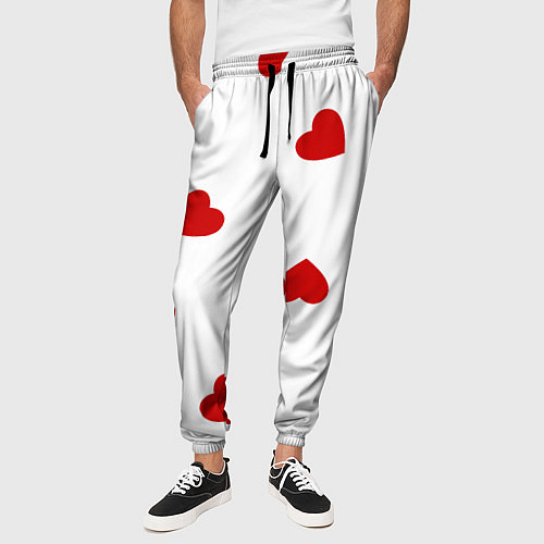 Мужские брюки Красные сердечки на белом / 3D-принт – фото 3
