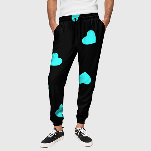 Мужские брюки С голубыми сердечками на черном / 3D-принт – фото 3