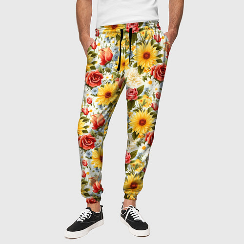 Мужские брюки Паттерн из желтых и красных цветов / 3D-принт – фото 3