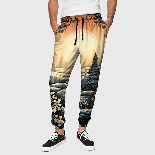 Мужские брюки Зимний предновогодний пейзаж / 3D-принт – фото 3