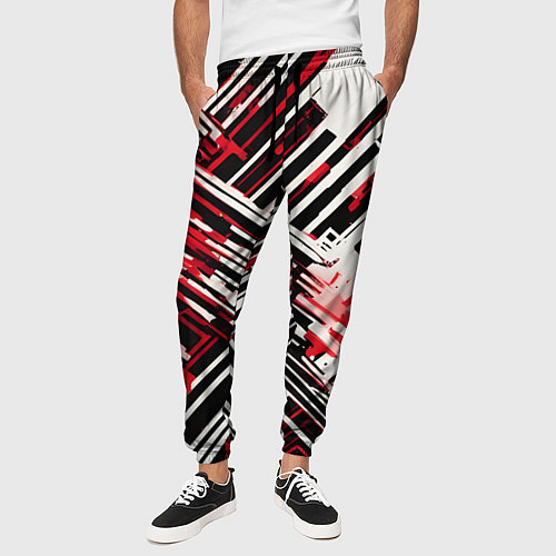Мужские брюки Киберпанк линии белые и красные / 3D-принт – фото 3