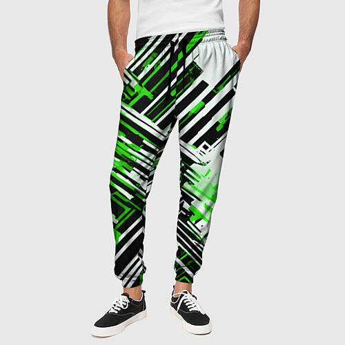Мужские брюки Киберпанк линии белые и зелёные / 3D-принт – фото 3