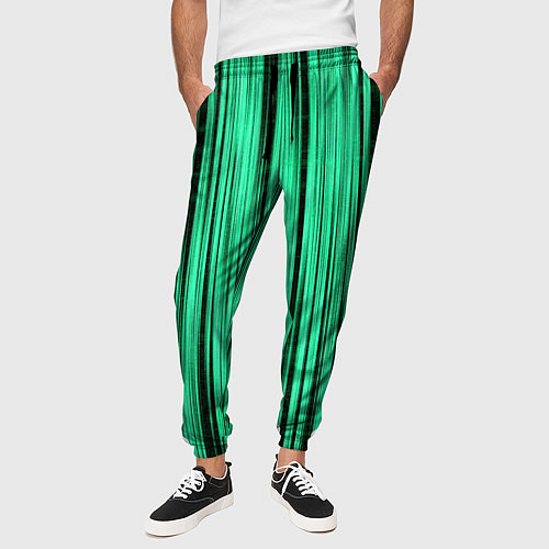Мужские брюки Абстракция полосы зелёные / 3D-принт – фото 3