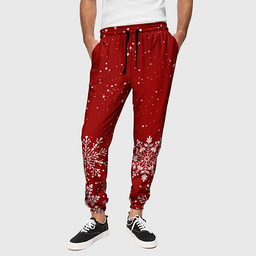 Мужские брюки Текстура снежинок на красном фоне / 3D-принт – фото 3
