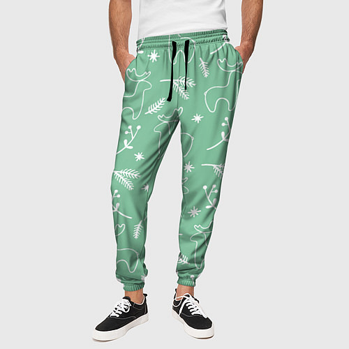 Мужские брюки Зеленый рождественский узор с оленями / 3D-принт – фото 3