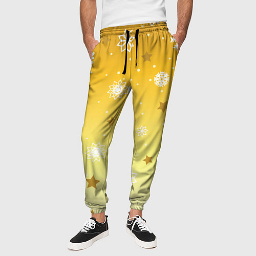 Мужские брюки Снежинки и звезды на желтом / 3D-принт – фото 3