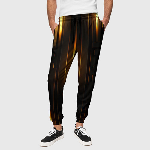 Мужские брюки Неоновый узор черное золото стене / 3D-принт – фото 3