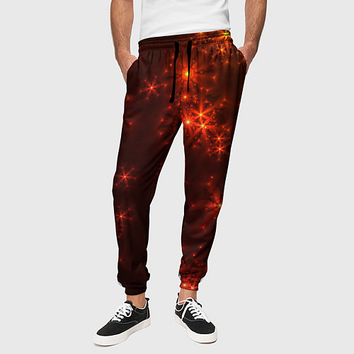 Мужские брюки Абстрактные светящиеся красно оранжевые снежинки / 3D-принт – фото 3