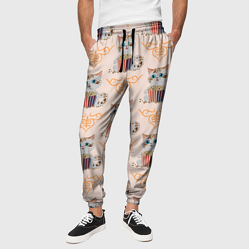 Мужские брюки Котенок с попкорном и сердечко завитушка / 3D-принт – фото 3