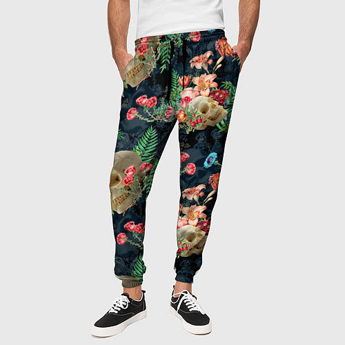 Мужские брюки Узор из черепов с цветами и листьями / 3D-принт – фото 3