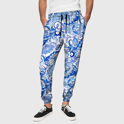 Мужские брюки Гжельская роспись на белом фоне / 3D-принт – фото 3