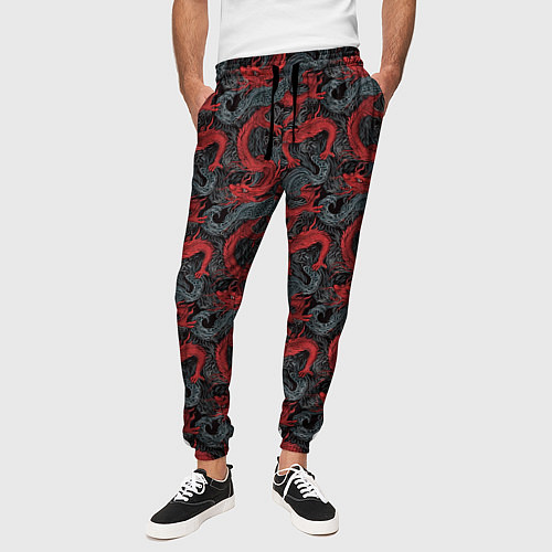 Мужские брюки Красные драконы на сером фоне / 3D-принт – фото 3