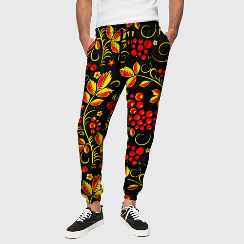 Мужские брюки Хохломская роспись золотистые листья чёрном фоне / 3D-принт – фото 3
