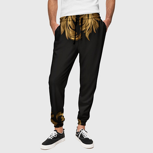 Мужские брюки Золотые объемные листья на черном / 3D-принт – фото 3