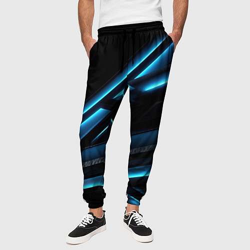 Мужские брюки Черная абстракция с синим неоновым ярким свечением / 3D-принт – фото 3