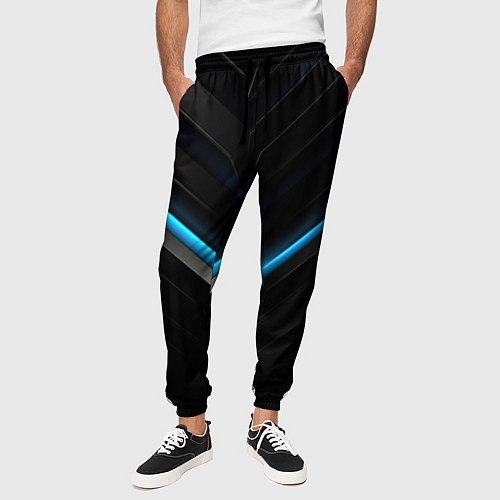 Мужские брюки Черная абстракция с синим неоновым ярким свечением / 3D-принт – фото 3
