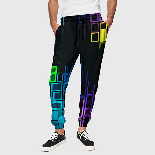Мужские брюки Разноцветные прямоугольники на чёрном фоне / 3D-принт – фото 3