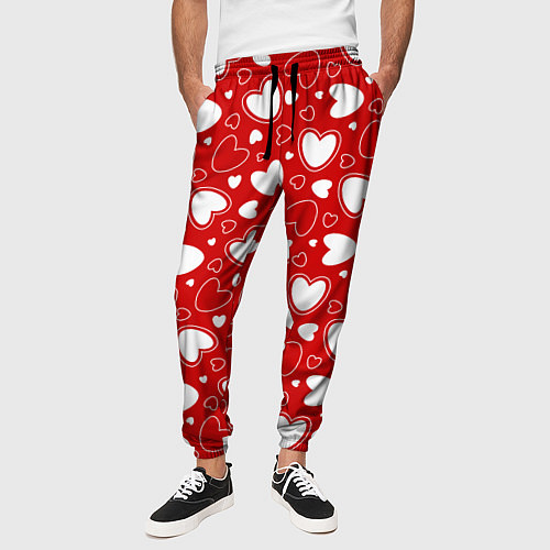 Мужские брюки Белые сердечки на красном фоне / 3D-принт – фото 3