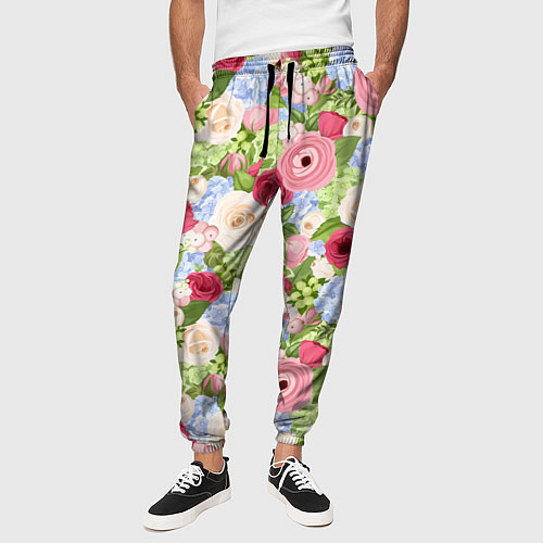 Мужские брюки Фон с розами, лютиками и гортензиями / 3D-принт – фото 3
